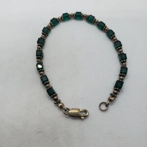 7.25" Sterling Silver and Green Glass Bead Bracelet 925